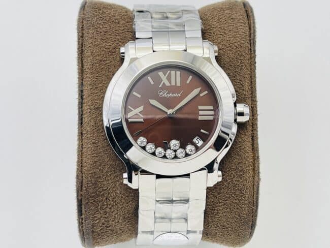 Chopard HAPPY SPORT Ladies' Steel Strap Watch by YF Factory, Red Dial with 7 Floating Diamonds, 1:1 Super Clone