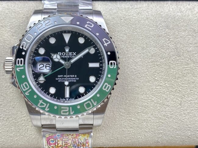 Clean Factory Rolex M126720VTNR-0001 Men's GMT-Master II 1:1 Super A Replica Watch Black Lacquer Dial Sprite Circle Bezel Left-handed Oyster Steel Strap
