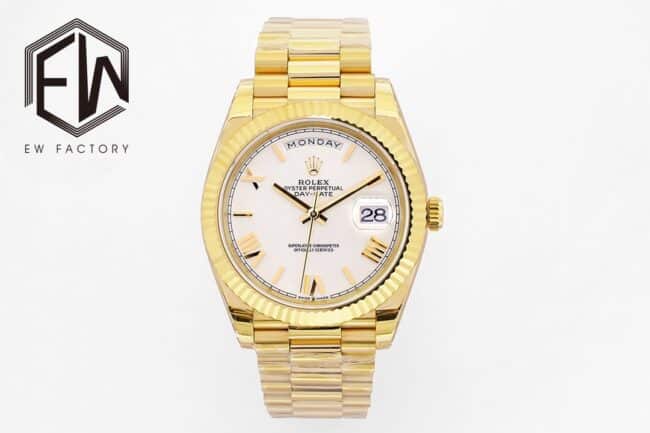 Rolex EW Factory Men's Day Date Top Replica Watch 18K Gold White Dial Sapphire Crystal Gold Steel Strap Model m228238-0042