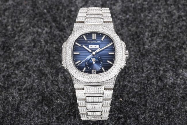 Patek Philippe 5726/1A-014 Men’s Sporty Elegance Super Clone Watch, Full Diamond White Steel Blue-Black Dial Mechanical