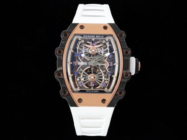 Richard Mille RM 21-01 Tourbillon esqueleto en forma de barril TPT de carbono para hombre con indicador de reserva de marcha y correa de caucho blanca