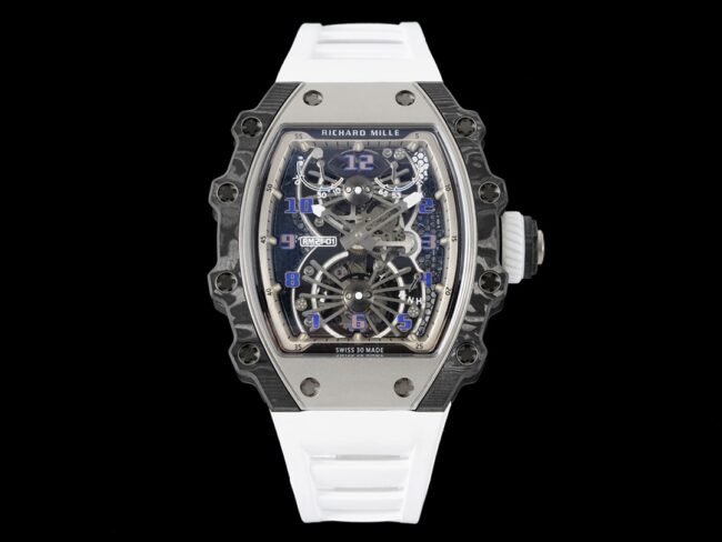Richard Mille RM 21-01 Aerodynamic Tourbillon Men's Skeleton Watch in Wear-Resistant Carbon Fiber with White Rubber Strap