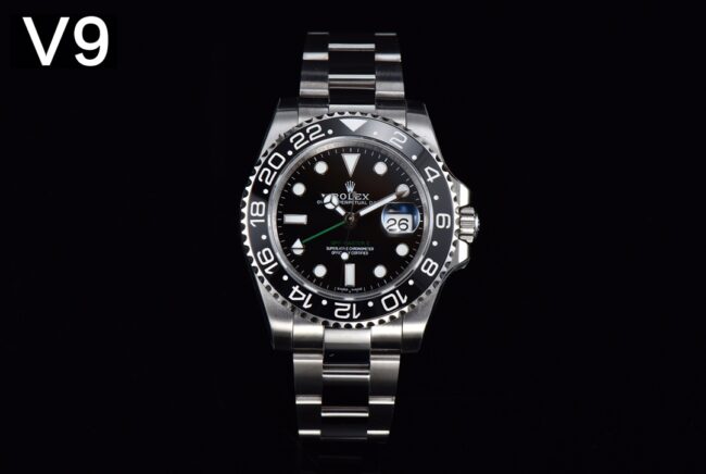 Rolex V9 factory Men's GMT-Master II top 1:1 replica watch with black dial, green seconds hand, ceramic bezel steel strap 116710LN-0001