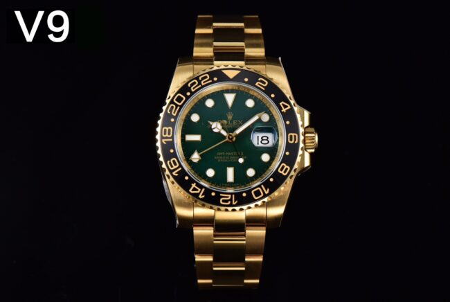 V9 Factory Rolex Men's GMT II Top Replica Watch Green Plate Gold Steel Strap Model 116718-LN-78208