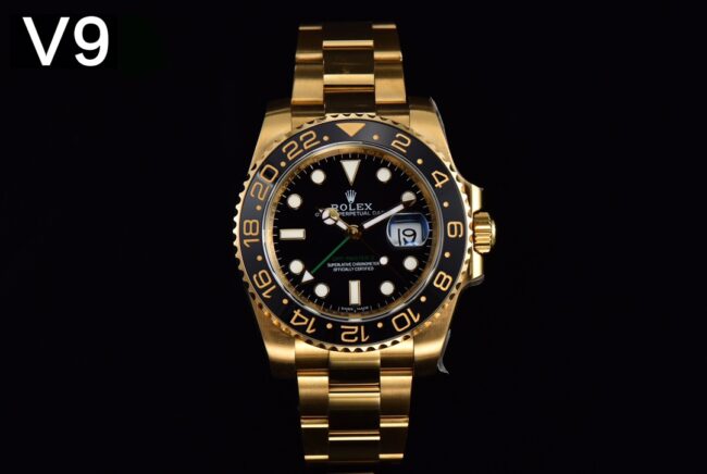 V9 Factory Rolex Rolex GMT-Master II 116718-LN-78208 Super Clone Men's Watch with Black Dial, Green Seconds Hand, 904L Gold and Steel Strap, Ceramic Bezel and Luminous Details