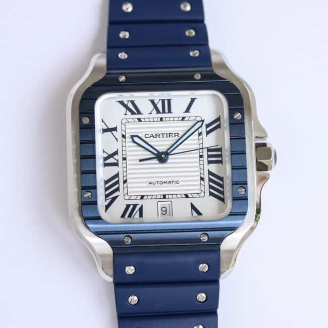 Cartier GF WSSA0047 Men's Santos 1:1 Super A Imitation Watch with Automatic Mechanical Movement, Silver Gray Dial Blue Steel Strap