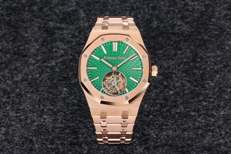 R8 Factory Top-Tier Audemars Piguet Royal Oak Self-Winding Tourbillon, Rose Gold Green Dial Steel Bracelet Ref. 26533OR.OO.1220OR.01