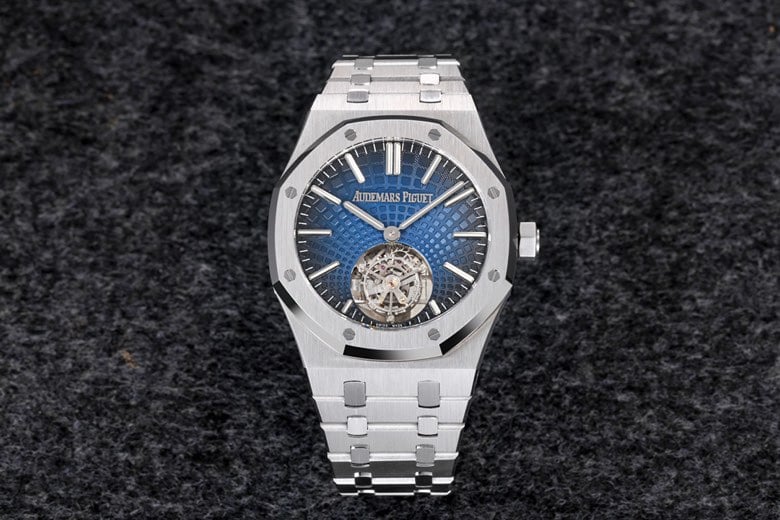 R8 factory Audemars Piguet Audemars Piguet Royal Oak men's 2022 self-winding tourbillon top 1:1 super clone watch smoky blue dial stainless steel strap model 26530ST.OO.1220ST.01