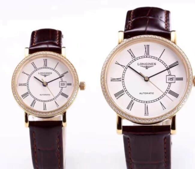 Elegantes relojes para él y para ella de la serie Longines Boya con esfera de nácar