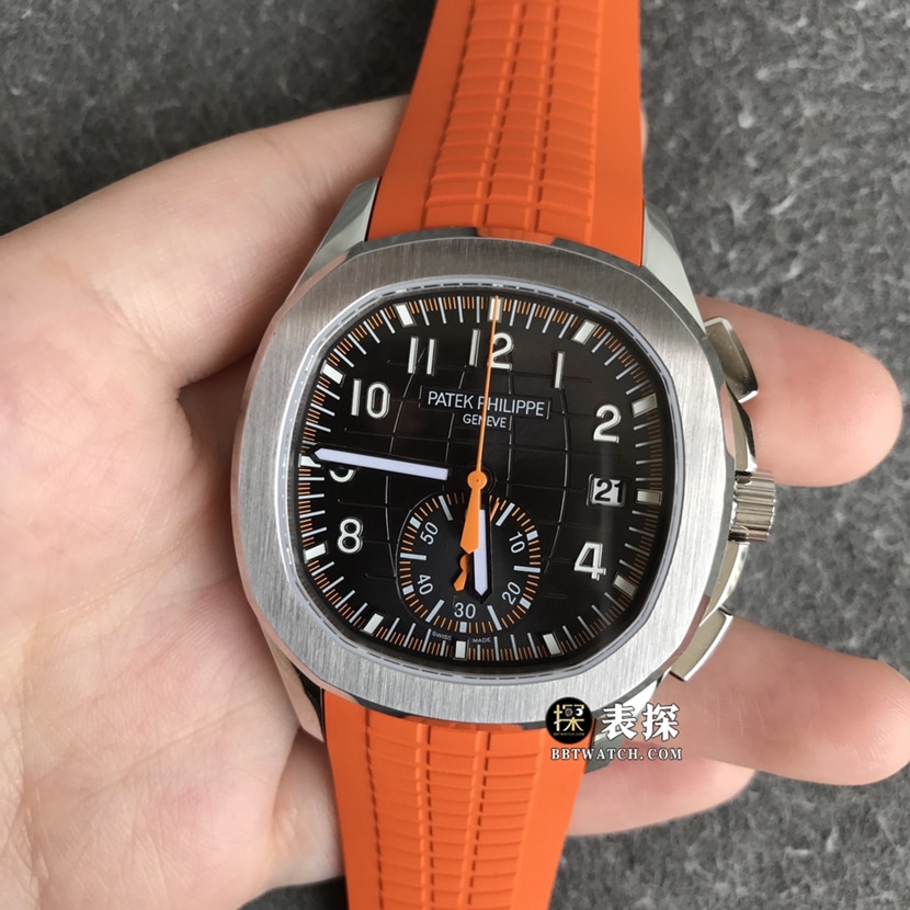 OM Factory Patek Philippe Patek Philippe Aquanaut 5968A-001 Men’s 1:1 Imitation Watch with Black Embossed Checkered Dial and Orange Rubber Strap