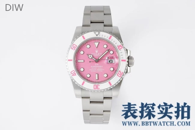 DIW Rolex Ladies' 1:1 super clone-quality Rolex replica watch featuring a powdered pink dial, carbon fiber water ghost design, and custom SUB Submariner steel strap