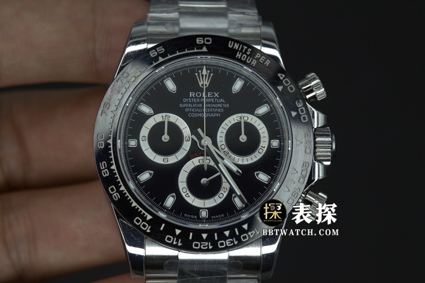 BT Factory Rolex Daytona M116500LN-0002 Super Clone schwarzes Stahlarmband mit nahtlos gespleißter Kopfmaserung und durchscheinendem Saphirglas
