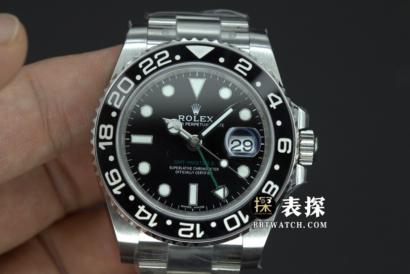 Clean Rolex GMT-Master II super clone translucent steel replica with Batman dial and 904 steel construction 116710LN-0001