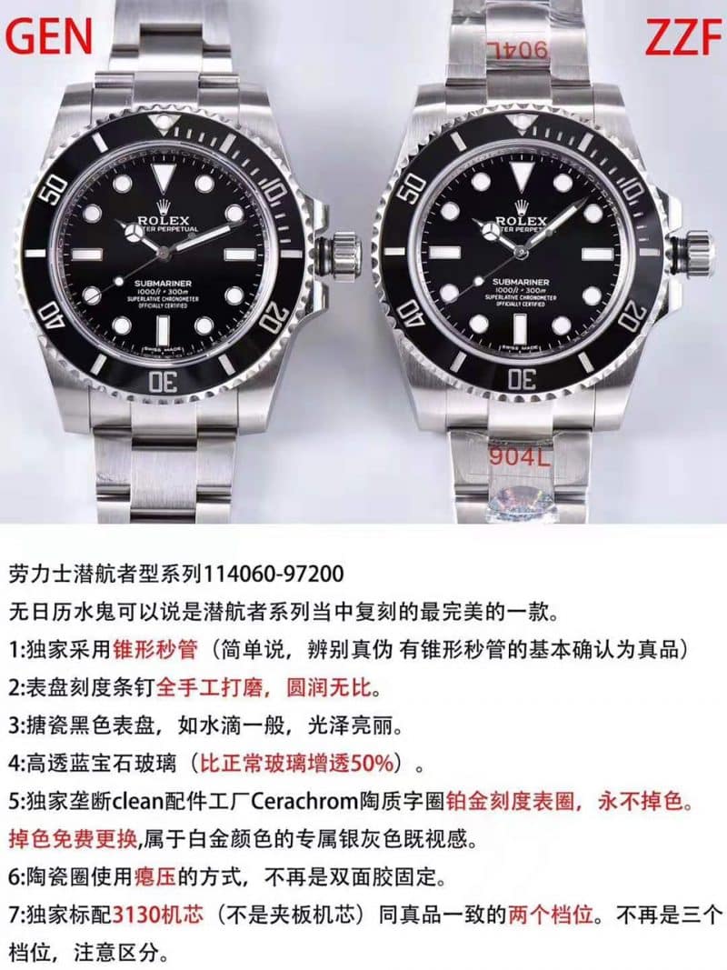 Comparación de ZZF Factory Rolex Rolex Submariner 114060 No-Date Black Spook: diseño clásico, bisel de cerámica y revisión del producto auténtico