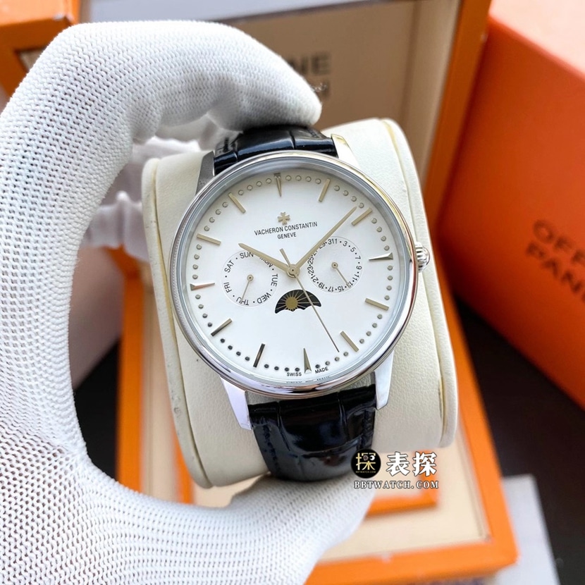Vacheron Constantin Heritage Men's 1:1 Replica Watch, White Dial Moon Phase with Calfskin Strap
