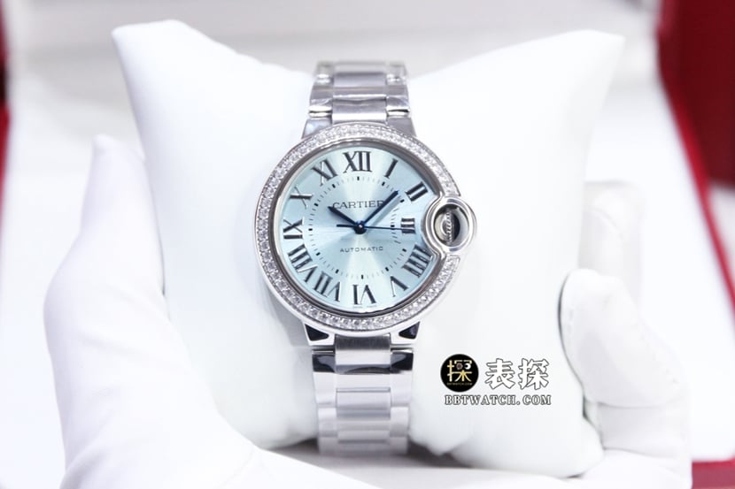Cartier Ballon Bleu 33 mm GTG réplica automática con cristal de zafiro, diamantes de acero inoxidable y esfera azul hielo W4BB0028