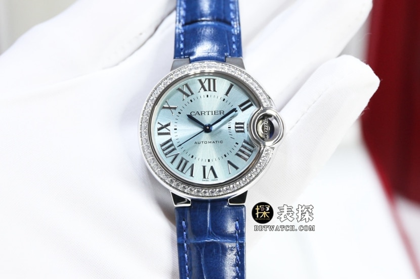 GTG Factory Cartier Ballon Bleu Ladies Replica in Ice Blue Dial with Diamond-Set Steel Case, 33mm Automatic