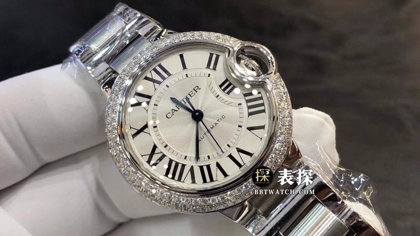 Cartier Ballon Bleu para Mujer 33MM Reloj Réplica Superior 1:1 Esfera Blanca Plateada Diamantes Correa de Acero W4BB0016
