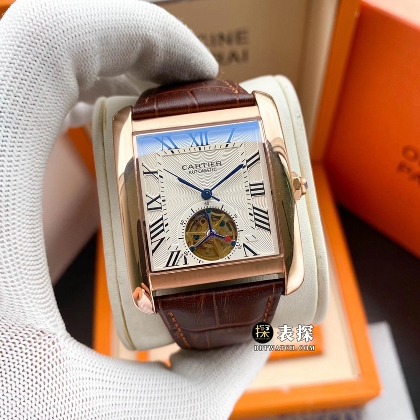 Cartier TANK MC Men’s 1:1 Tourbillon Strap Watches with Silver Case, White Square Dial and Sword-Shaped Hands