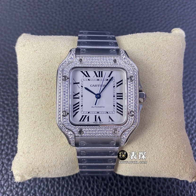 A8 Factory Cartier Santos Men's Replica: Full Diamond White Roman Dial, Steel Strap Cartier Edition