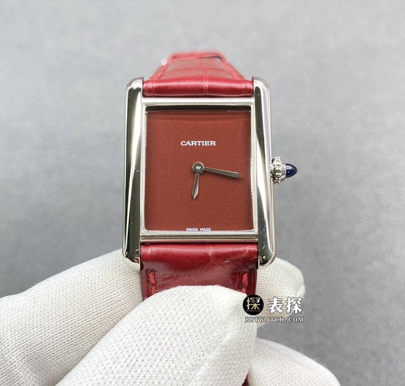 Cartier WSTA0054 F1 Factory Ladies Tank Original Factory Super A Super Clone Watch, Burgundy Lacquered Dial Strap Model with Iconic Crown