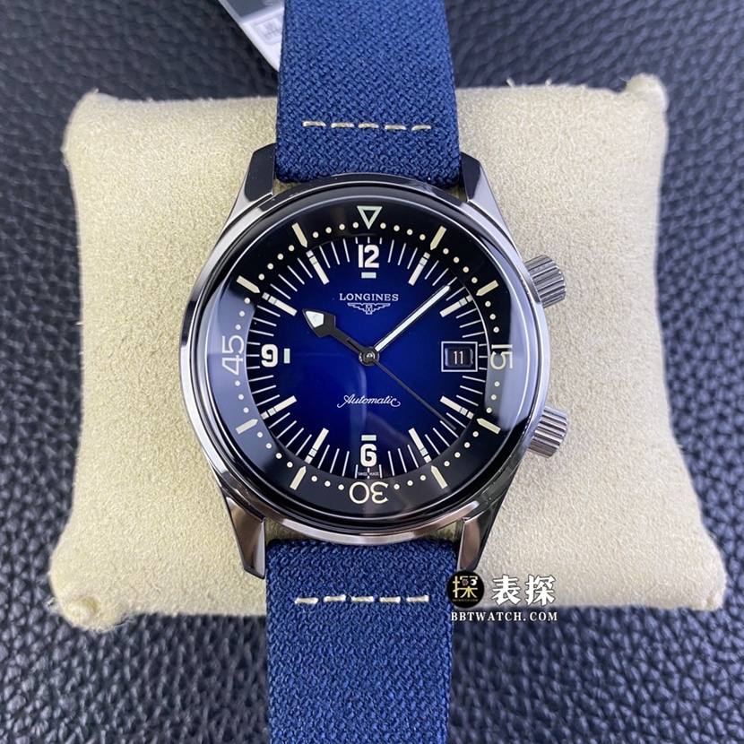 OS Factory Longines Legend Diver Herrenuhr, klassische Replika Original Factory Super A, 42-mm-Edelstahlgehäuse, Super-LumiNova, dunkelblaues Zifferblatt und Armband, Modell L3.774.4.90.2