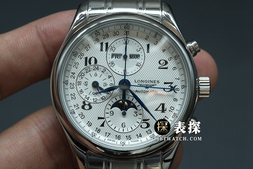 GS Factory Longines Masterpiece para hombre Ocho manecillas Fase lunar Reloj réplica superior multifuncional 42 mm Placa blanca Aguja de acero azul Correa de acero Modelo L2.673.4.78.6