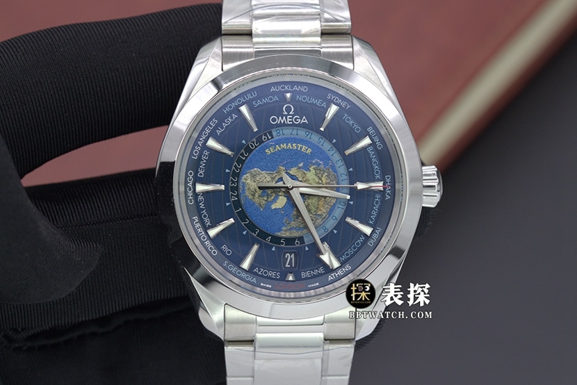 VS Omega Seamaster World Time Reloj réplica 1:1 de acero inoxidable con correa mecánica de zafiro antirreflectante 220.10.43.22.03.001