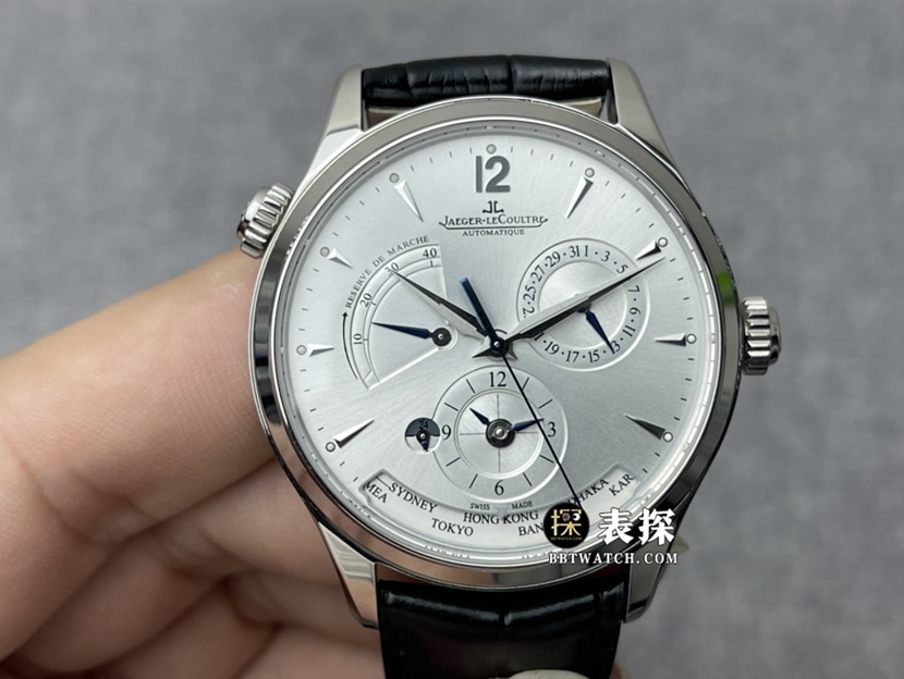 ZF Factory Jaeger-LeCoultre Men's Master Super A 1428421 High-Imitation Watch with Silver-Plated Dual Time Zone, Sapphire Mirror and Power Reserve Display