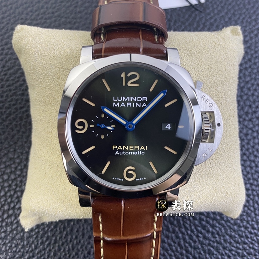 SBF Factory Panerai PAM01116 Herren-Luminol-Replik mit militärgrünem Sunray-Zifferblatt und blauen Stahlzeigern, Olive Strap Edition