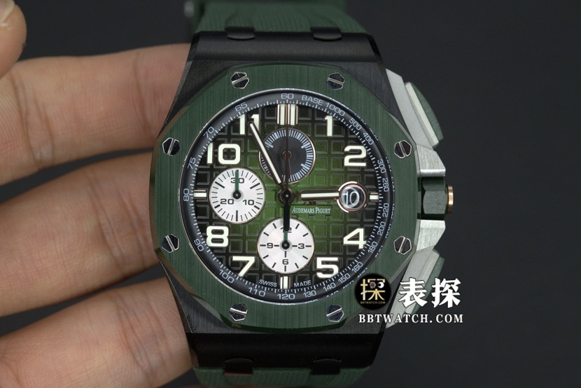 APF Factory A056CA Audemars Piguet Men's Royal Oak Offshore 1:1 Super Clone Top-Quality Replica Watch with Green Ceramic Dial, Rubber Strap, Exclusive Chronograph Model 26405CE.OO.P0.01