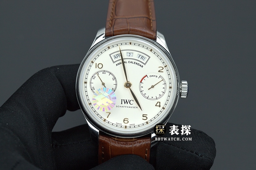 ZF Factory Men's Portuguese IW503504 Super Clone Annual Calendar Faux Watch, White Dial Belt Model with Polished Curved Bezel
