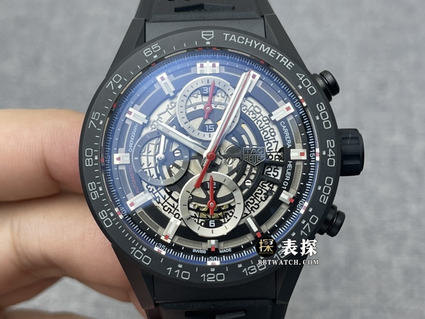 FT6044 XF Factory Tag Heuer Carrera 01 Skelettierter Chronograph, schwarzes Kautschukarmband CAR2A1Z.FT6044