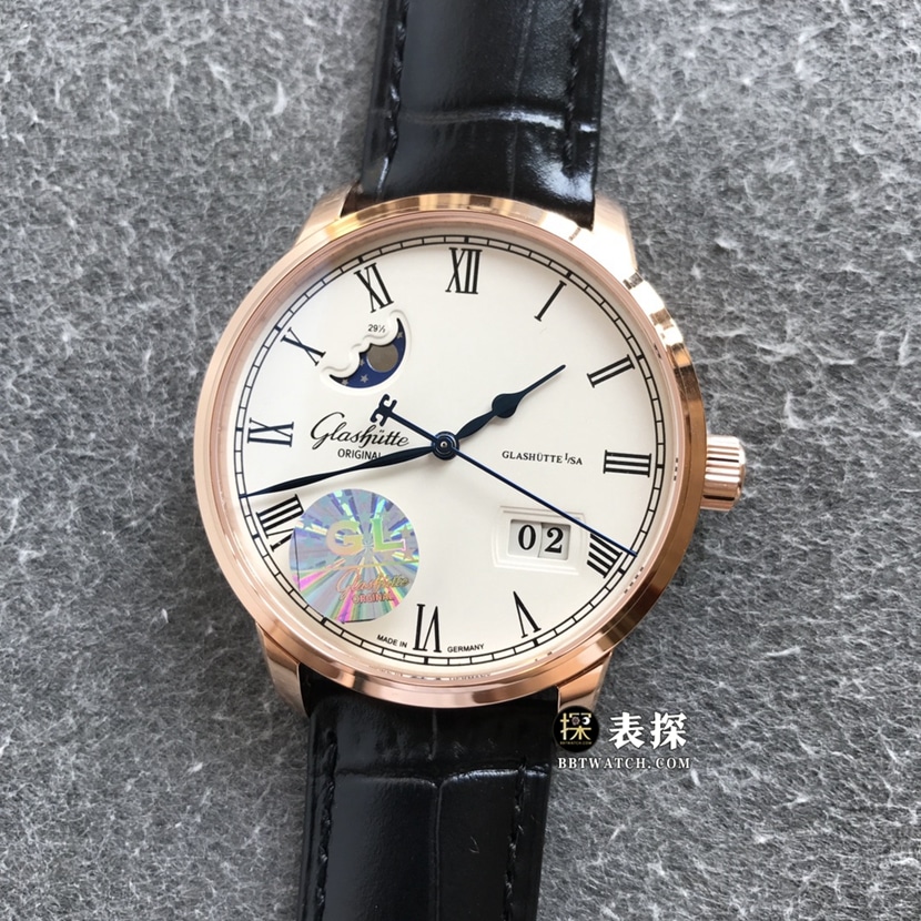 GL Factory Glashütte Original Men's Congressman Super A Super Clone Wristwatch with Pearlescent White Effect, True Moon Phase, Large Date & Rose Gold Belt Model 100-04-32-15-04
