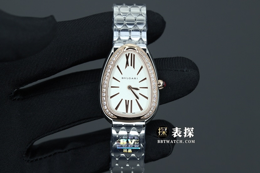 BV Factory Bulgari Serpenti Seduttori 103143 Latest Diamond-Set Women's 1:1 Top Replica Watch with White Plate, Gold Hands and Steel Strap