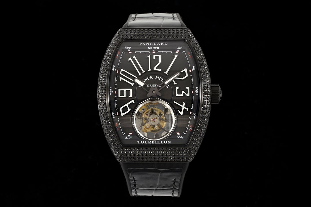 RMS Factory Frank Muller V45 Vanguard Tourbillon Series Reloj Super A Super Clone 1:1 para hombre con disco negro, hebilla engastada con diamantes y movimiento de cuerda manual Modelo V45