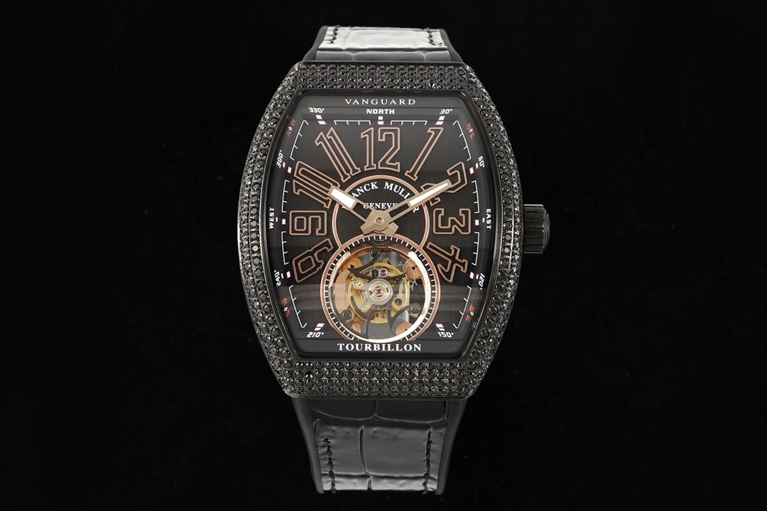 RMS Factory Frank Muller V45 Vanguard Tourbillon Men's Watch: Super A in Black Dial, Diamond-Set Case, Rose Gold Strap V45