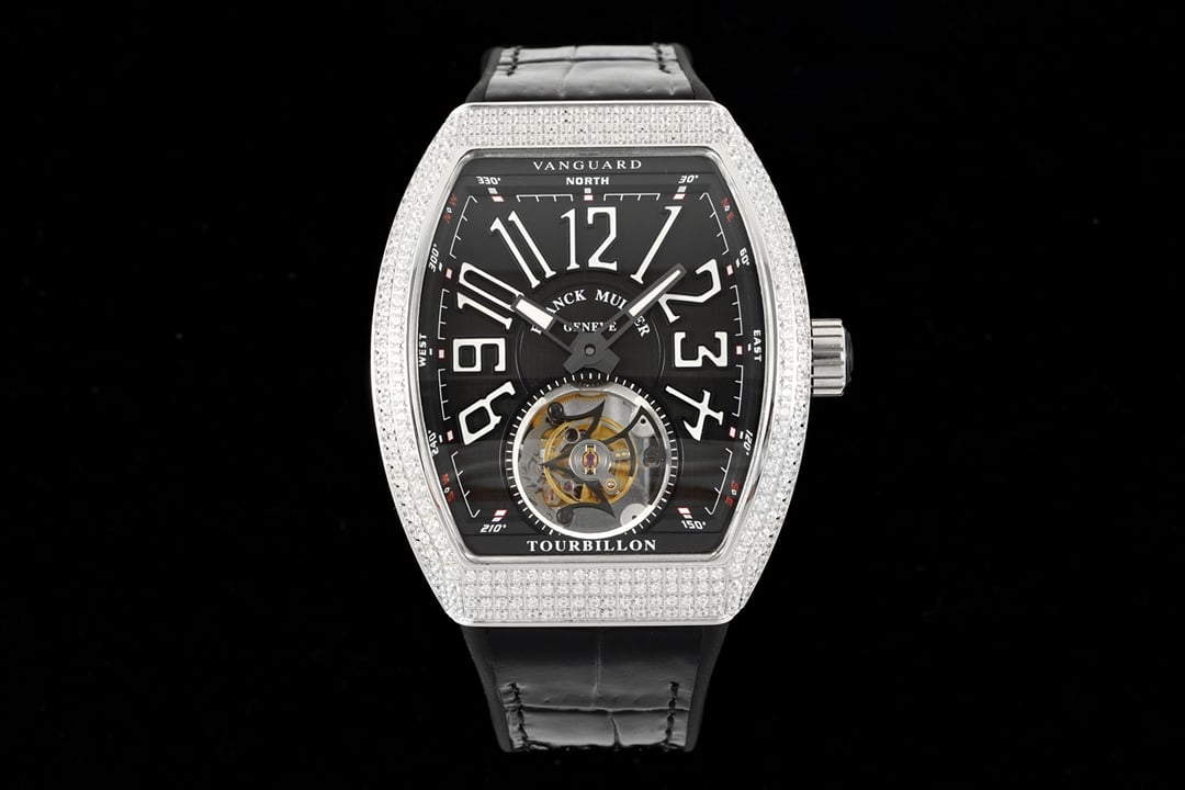 RMS Factory Frank Muller Montre pour homme super clone fausse plaque noire diamants ceinture de volant modèle V 45 T D (NR)