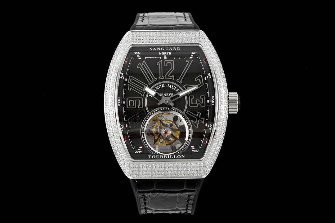 RMS Factory Frank Muller V45 Reloj réplica para hombre con movimiento Tourbillon superclon 1:1, esfera negra y engaste de diamantes, modelo V45