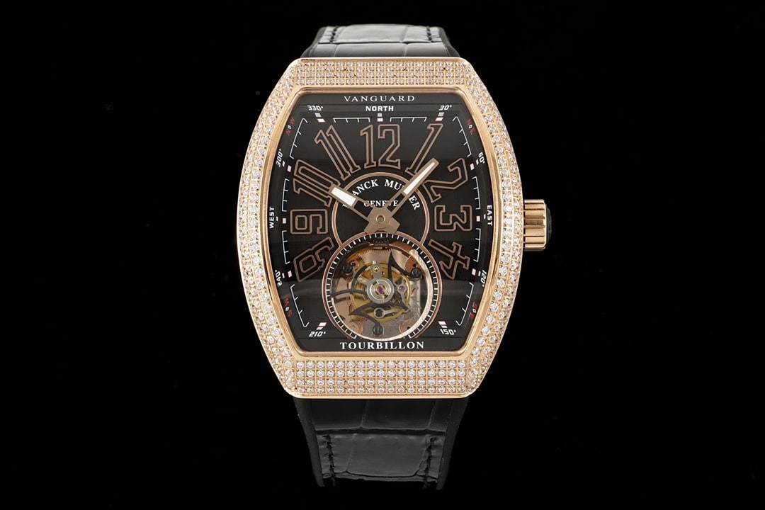 RMS Factory Frank Muller V 45 T D (NR) Reloj réplica Tourbillon para hombre con esfera negra, oro rosa de 18 quilates, diamantes y cristal de zafiro