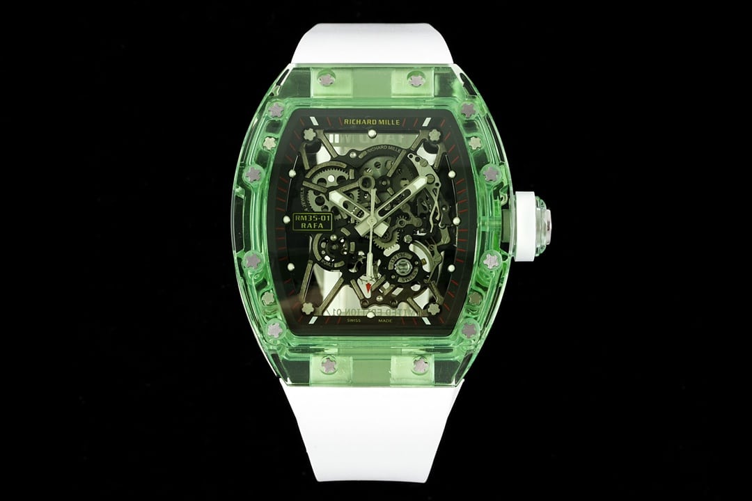Richard Mille RM35-01 caixa de cristal movimento de uma peça relógio réplica de esqueleto verde transparente