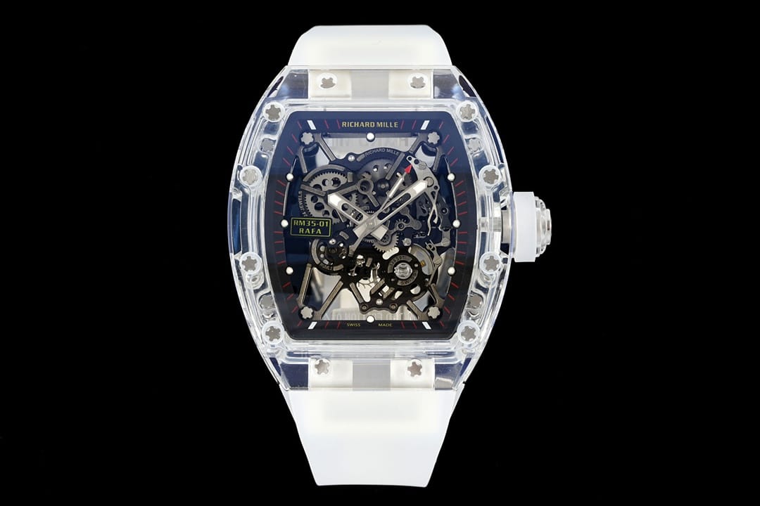Top-Replik der Richard Mille RM35-01 für Herren, Kristallgehäuse, einteiliges Uhrwerk, transparentes Skelett-Zifferblatt