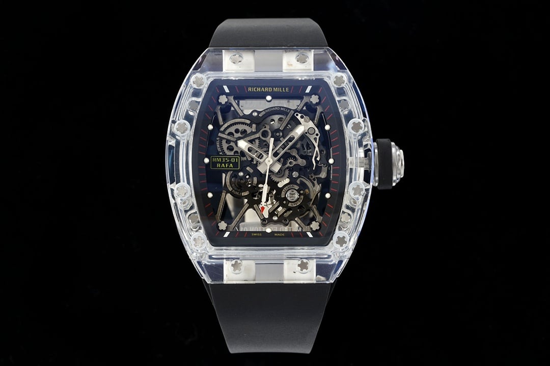 Richard Mille RM35-01 masculino Super A caixa de cristal de uma peça esqueleto borracha preta transparente