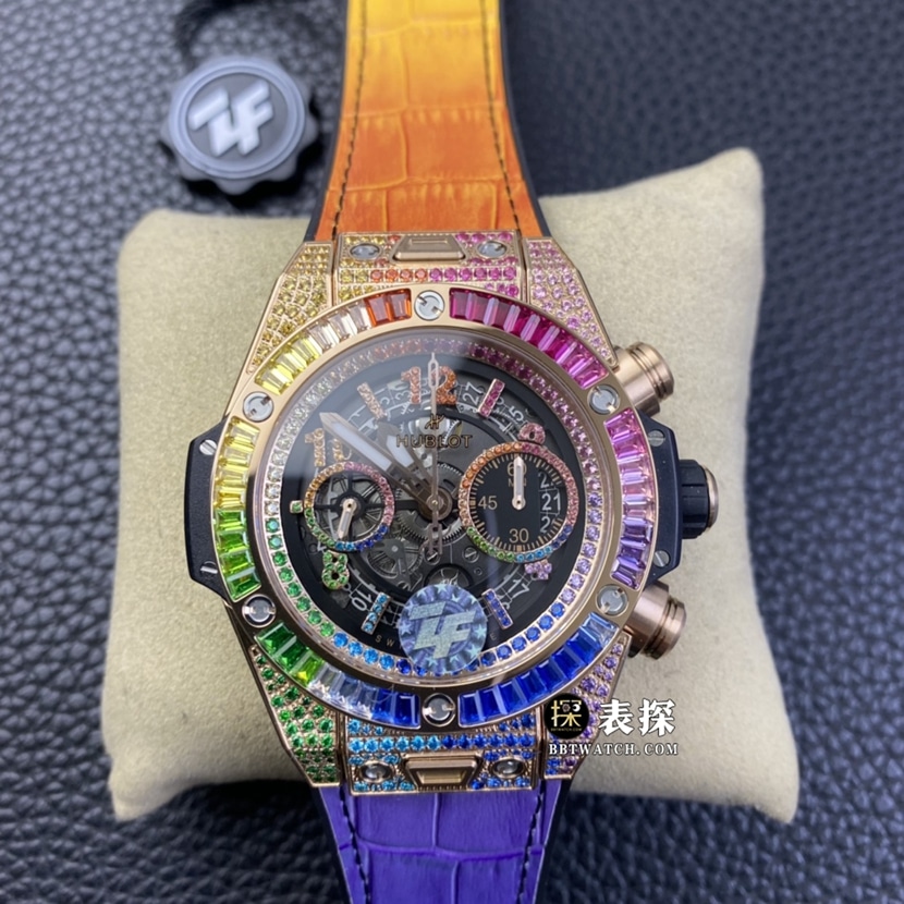 ZF Hublot BIG BANG Original Factory CollectSkeleton Dial Multicolored Gemstone Rainbow Diamond Leather Strap 411.OX.9910.LR.0999