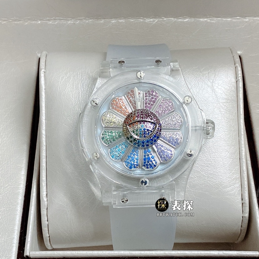 Hublot Classic Fusion TAK21 1:1 Replica Watches with Sunflower Motif Disc, Transparent Rubber Strap, Model 507.JX.0800.RT