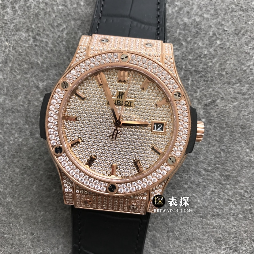 Hublot Classic Fusion 1:1 replica watches polished titanium full diamond dial rose gold strap model 511.OX.9010.LR.1704