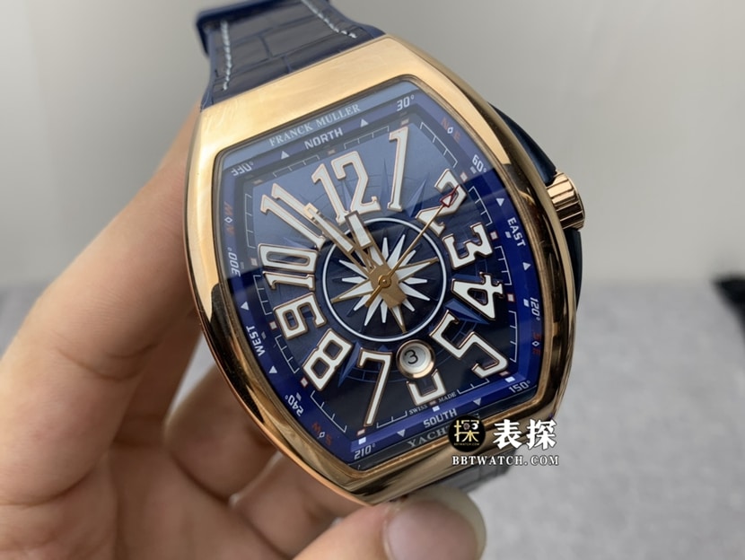 Réplica de reloj ABF Frank Muller Vanguard para hombre con esfera azul, caja en oro rosa de 18 k y correa Intergold