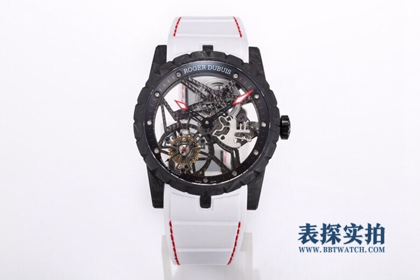 BBR King Roger Dubuis DBEX0577 réplica 1:1 esqueleto de doble puente modelo de caucho tourbillon de fibra de carbono