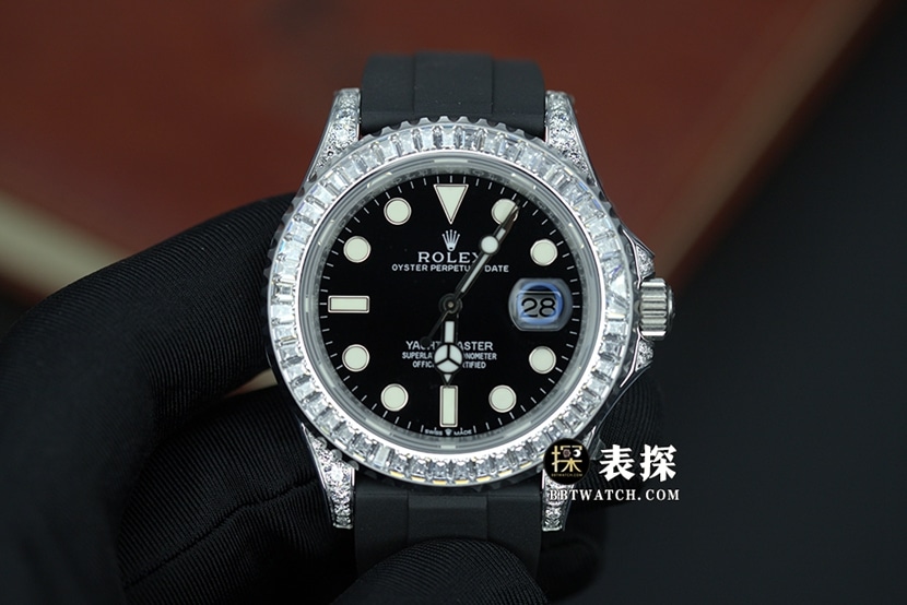 JVS Yacht Master Rolex Rolex 1:1 Replica Watch for Men – Black Dial, Diamond-Set Rubber Model with 3235 Movement and Sapphire Crystal