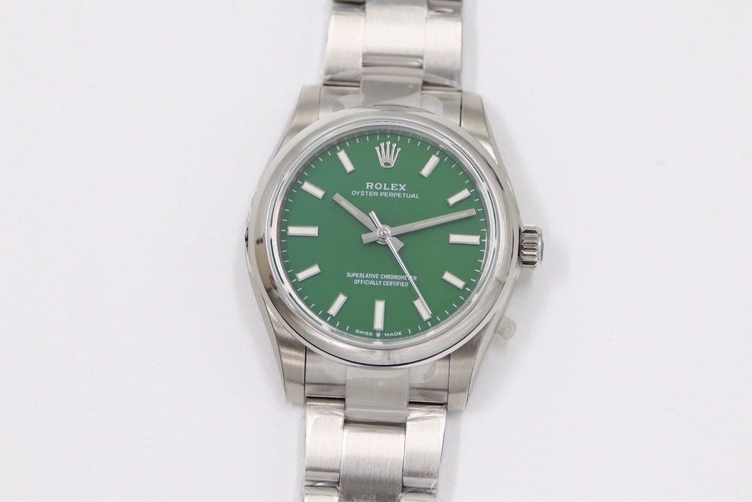 Rolex EW Oyster Perpetual Rolex 1:1 Réplica de relógio com mostrador verde, movimento mecânico importado de 31 mm, pulseira de aço estável m277200-0006